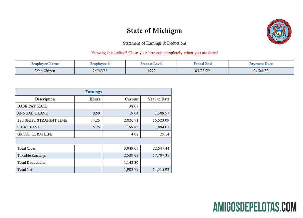 Recibo de pagamento da empresa de serviços sociais do estado dos EUA de Michigan exemplo real